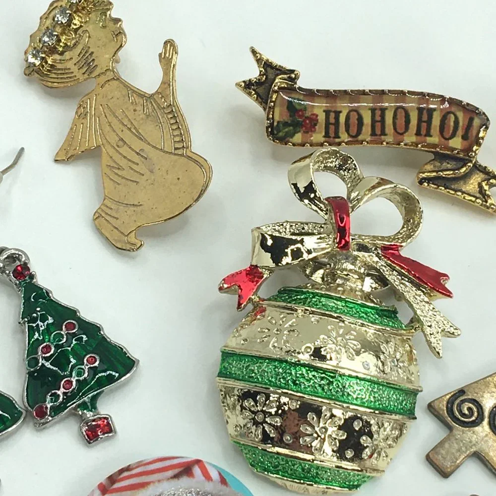 Christmas Holiday Pins Earrings Trees Santa Snowman
